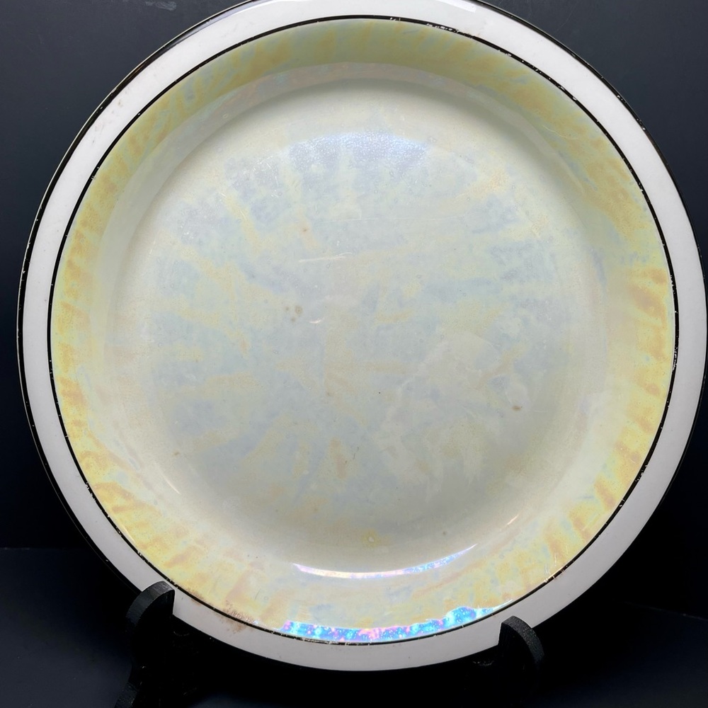 VTG Iridescent White Pie Plate Black Bands Made For Forman Bros. Brooklyn NY MCM